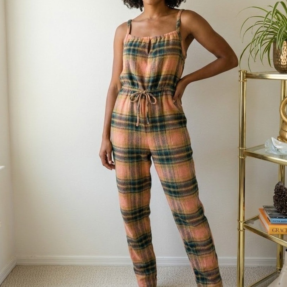 Out From Under Plaid Flannel Drawstring Jumpsuit, SMALL Peach Urban Outfitters